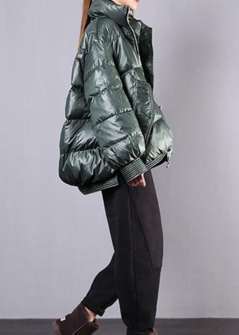 Manteau D'hiver Chaud Vert Noirâtre Élégant Tendance Grande Taille Col Montant Vestes Décontractée À Fermeture Éclair - Doudounes femmes