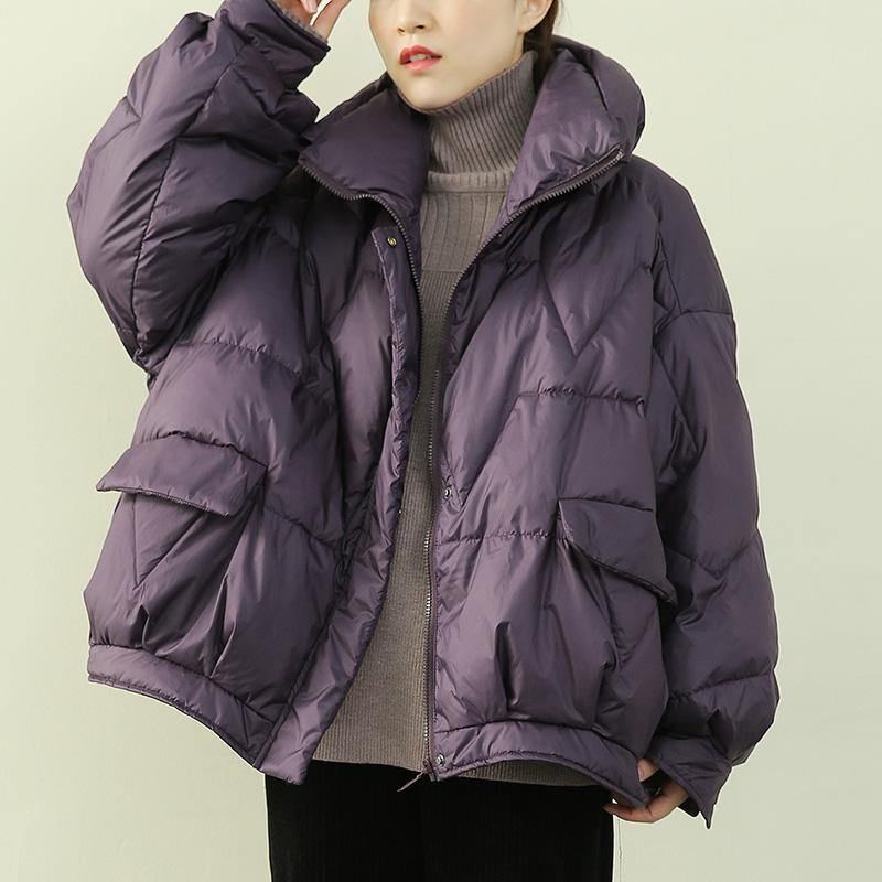 Manteau D'hiver Chaud Violet De Luxe Grande Taille Col Montant De Neige Fermeture Éclair Vêtements D'extérieur Fins - Violet