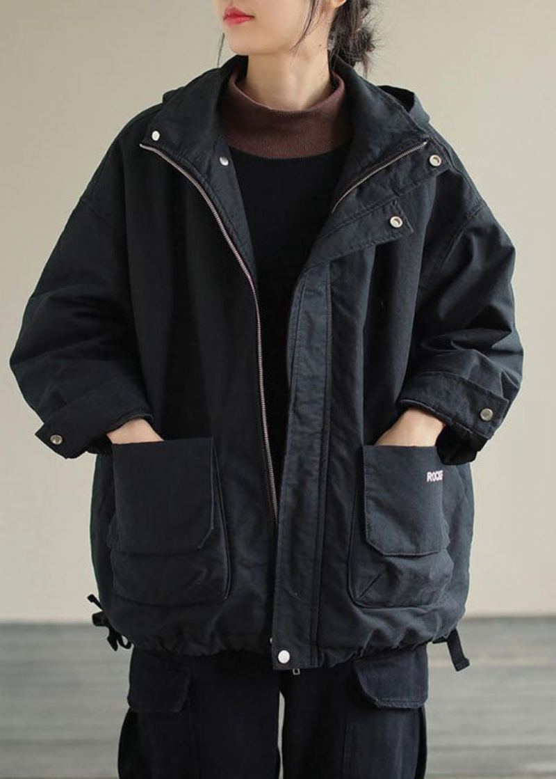 Manteau D'hiver En Coton Avec Poches À Capuche Noires Uniques Manches Longues - Noir