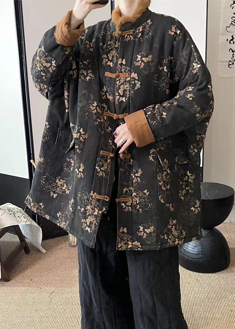 Manteau D'hiver En Coton Fin Imprimé Avec Poches Noires De Style Chinois