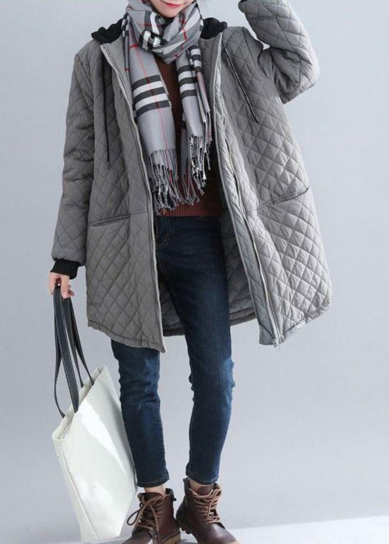 Manteau D'hiver En Coton Fin Poches À Capuche Gris Italien Patchwork - Doudounes femmes