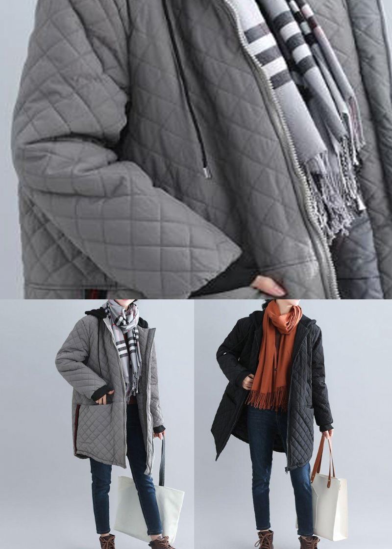 Manteau D'hiver En Coton Fin Poches À Capuche Gris Italien Patchwork - Doudounes femmes