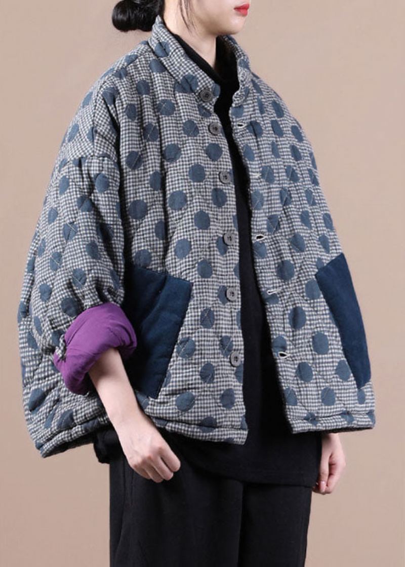 Manteau D'hiver En Coton À Pois Et Poches Bleues Chics - Violet