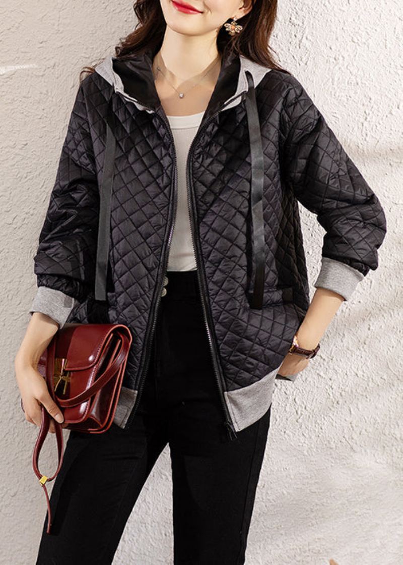 Manteau D'hiver En Coton Style Bohémien Noir Capuche Fermeture Éclair Patchwork - Doudounes femmes