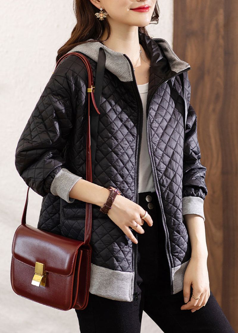 Manteau D'hiver En Coton Style Bohémien Noir Capuche Fermeture Éclair Patchwork - Doudounes femmes