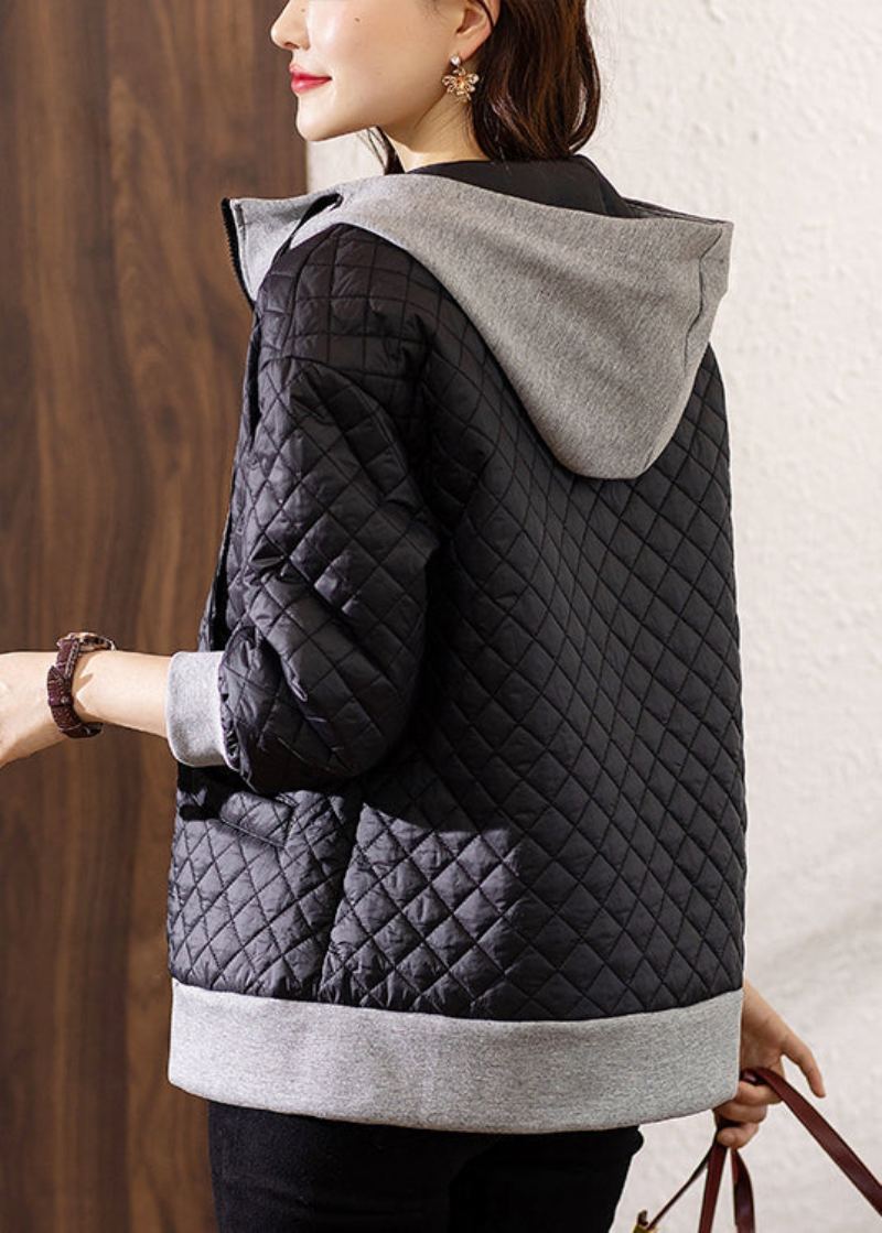 Manteau D'hiver En Coton Style Bohémien Noir Capuche Fermeture Éclair Patchwork - Doudounes femmes