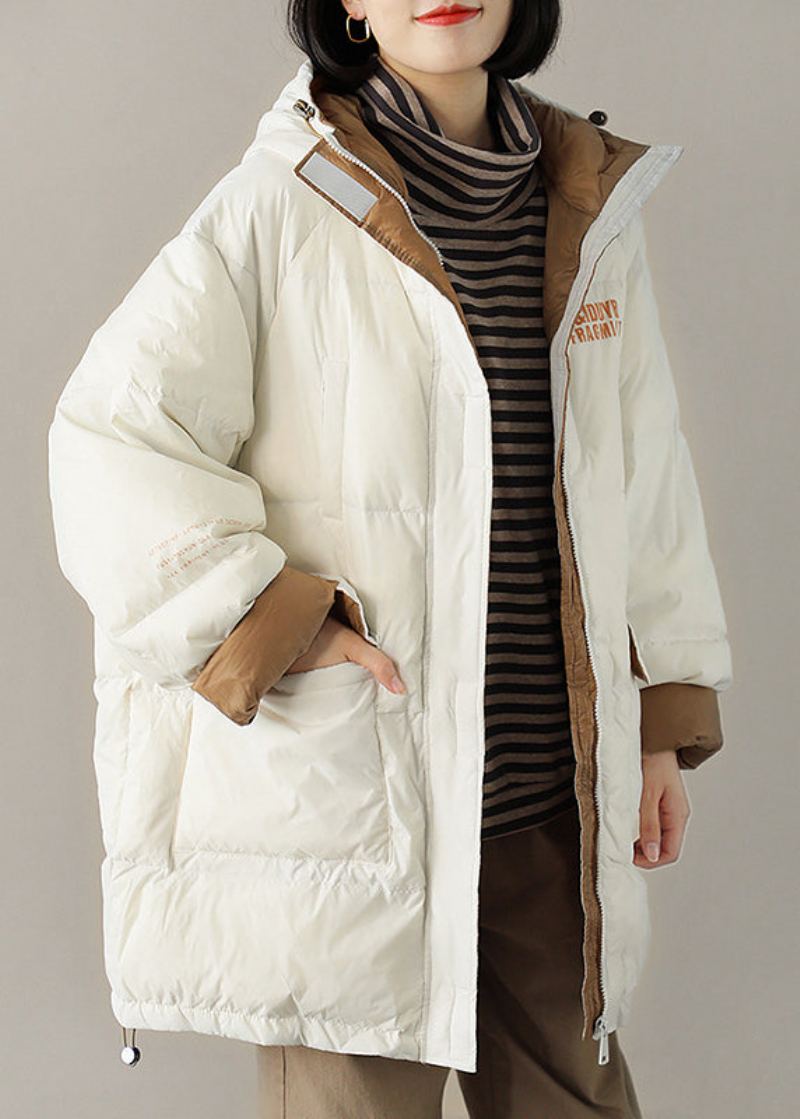 Manteau D'hiver Décontracté Chic À Capuche Blanc Avec Poches