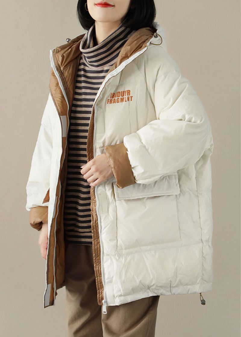 Manteau D'hiver Décontracté Chic À Capuche Blanc Avec Poches - Blanc