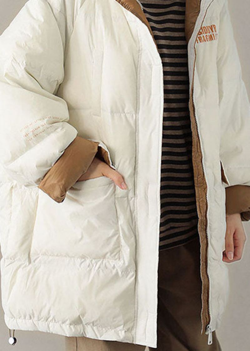 Manteau D'hiver Décontracté Chic À Capuche Blanc Avec Poches - Blanc