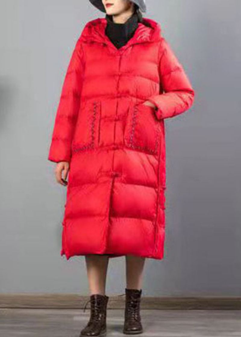 Manteau D'hiver En Duvet De Canard Avec Boutons Brodés Rouges Faits À La Main - Rouge