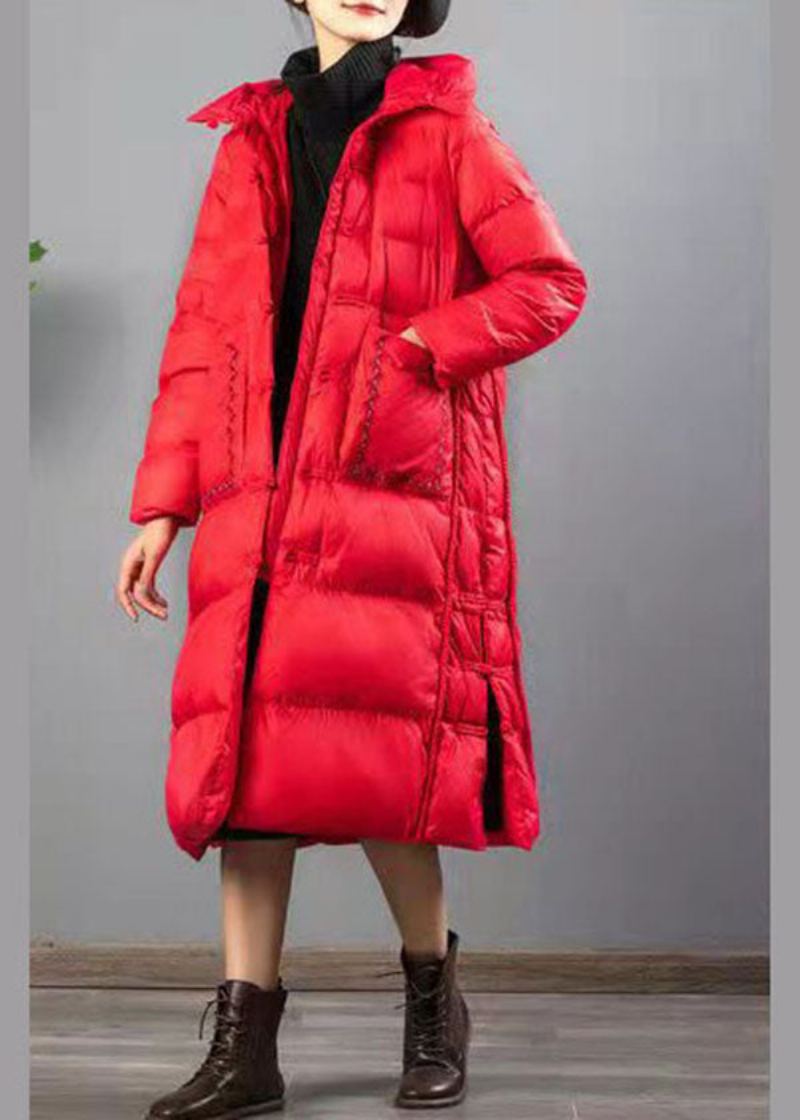 Manteau D'hiver En Duvet De Canard Avec Boutons Brodés Rouges Faits À La Main - Rouge