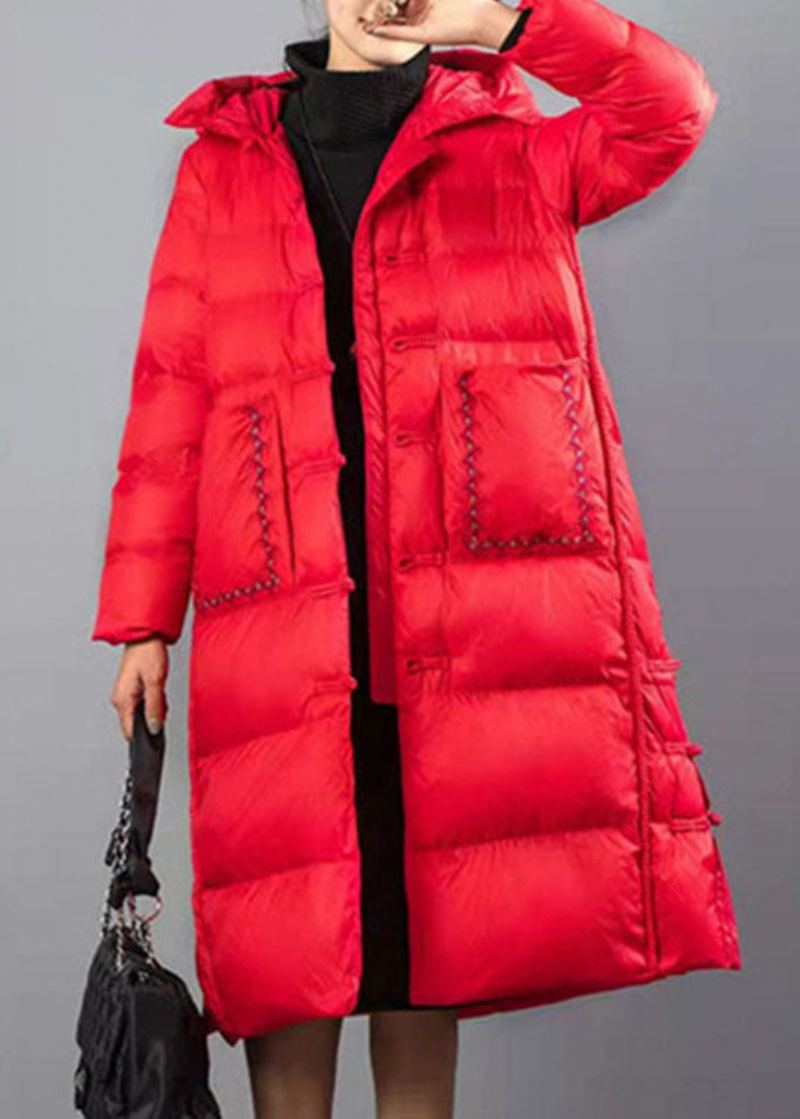 Manteau D'hiver En Duvet De Canard Avec Boutons Brodés Rouges Faits À La Main - Rouge