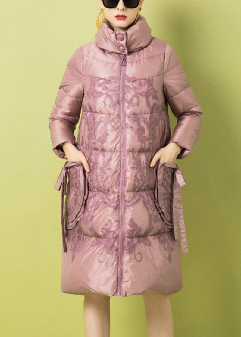 Manteau D'hiver En Duvet De Canard Avec Poches Imprimées À Fermeture Éclair Rose Français