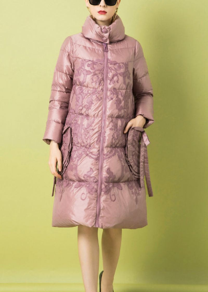 Manteau D'hiver En Duvet De Canard Avec Poches Imprimées À Fermeture Éclair Rose Français - Doudounes femmes