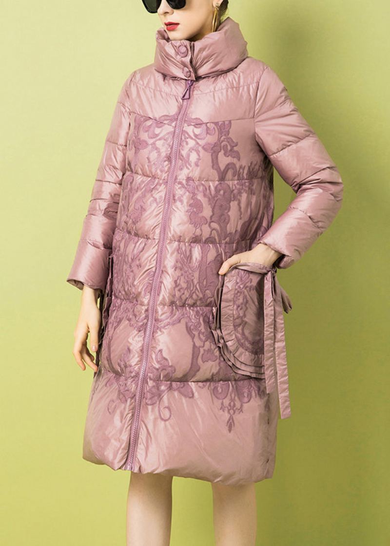 Manteau D'hiver En Duvet De Canard Avec Poches Imprimées À Fermeture Éclair Rose Français - Doudounes femmes