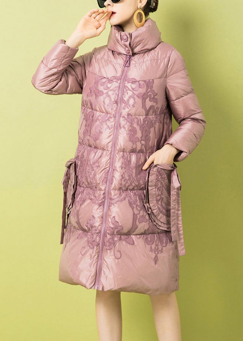 Manteau D'hiver En Duvet De Canard Avec Poches Imprimées À Fermeture Éclair Rose Français - Doudounes femmes