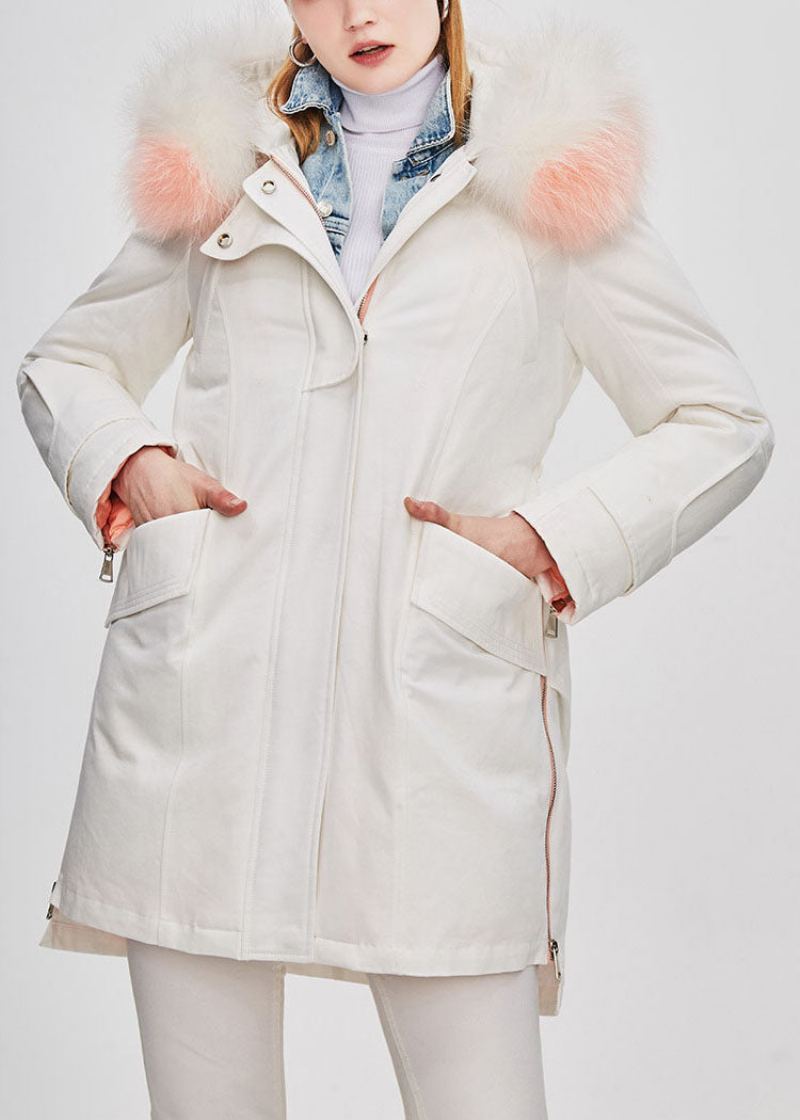 Manteau D'hiver En Duvet De Canard À Capuche Blanc Col En Fourrure Design Bas Et Haut