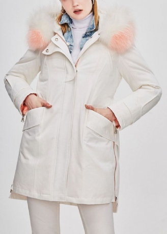 Manteau D'hiver En Duvet De Canard À Capuche Blanc Col En Fourrure Design Bas Et Haut