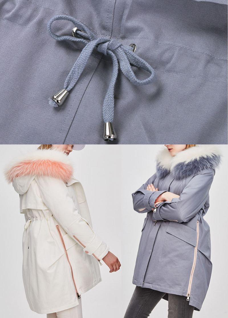 Manteau D'hiver En Duvet De Canard À Capuche Blanc Col En Fourrure Design Bas Et Haut - Bleu Gris