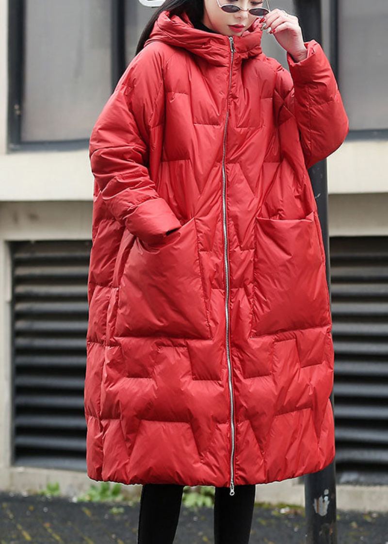 Manteau D'hiver En Duvet De Canard Épais À Capuche Rouge À La Mode