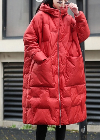 Manteau D'hiver En Duvet De Canard Épais À Capuche Rouge À La Mode