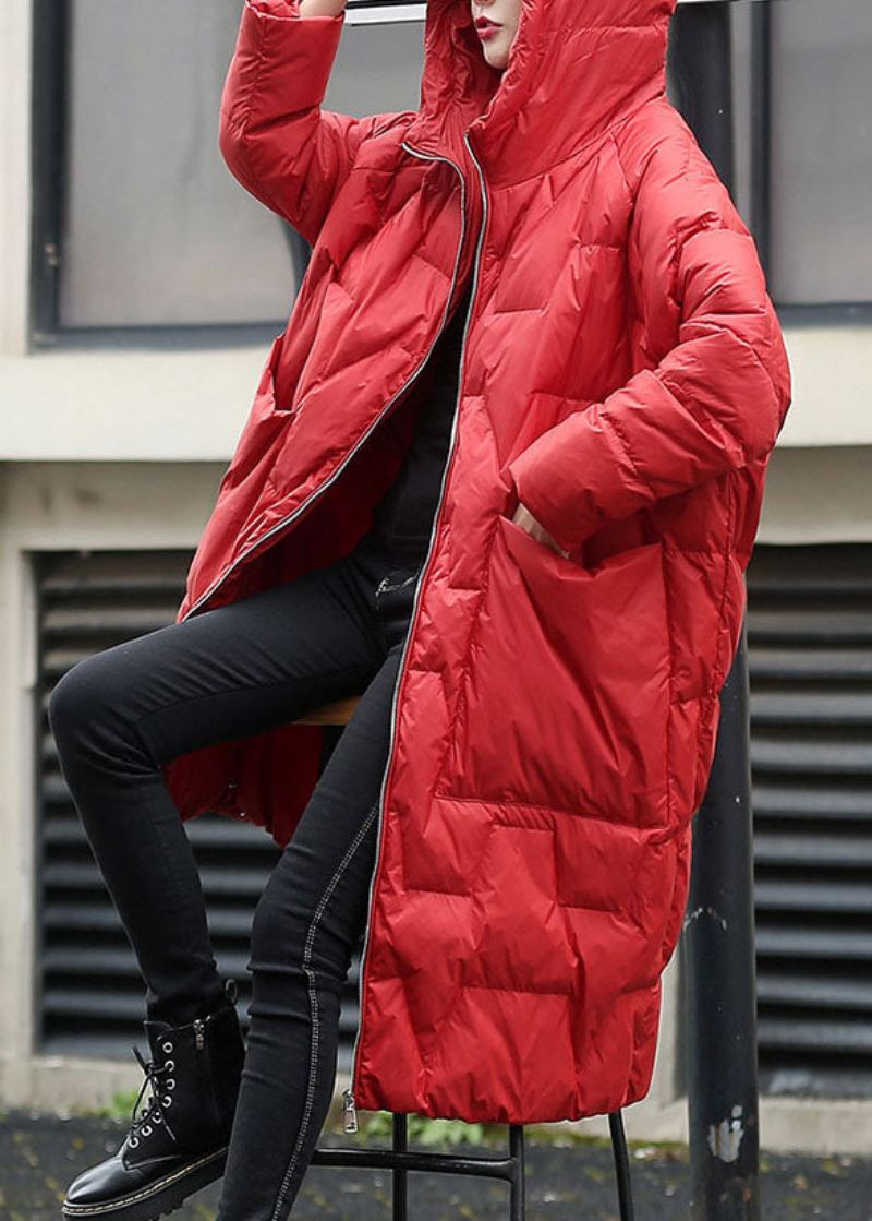 Manteau D'hiver En Duvet De Canard Épais À Capuche Rouge À La Mode - Rouge