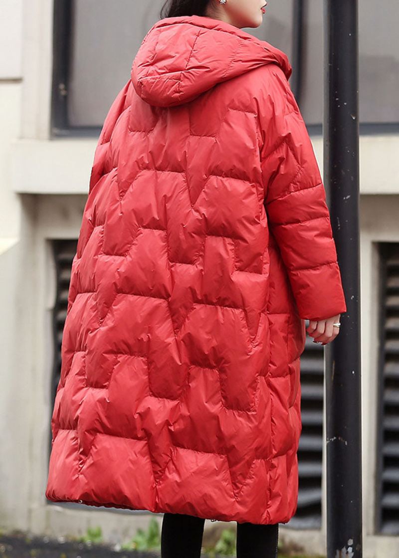 Manteau D'hiver En Duvet De Canard Épais À Capuche Rouge À La Mode - Rouge