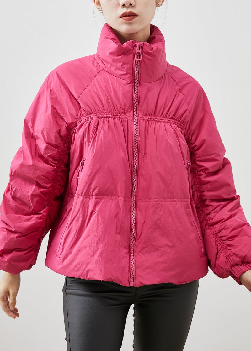 Manteau D'hiver En Duvet De Canard Froissé À Fermeture Éclair Rose Élégant - Doudounes femmes