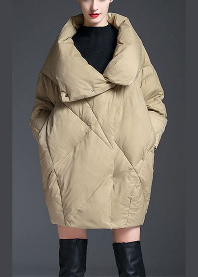 Manteau D'hiver En Duvet De Canard Kaki À Col Claudine Et Boutons De Grande Taille - Kaki