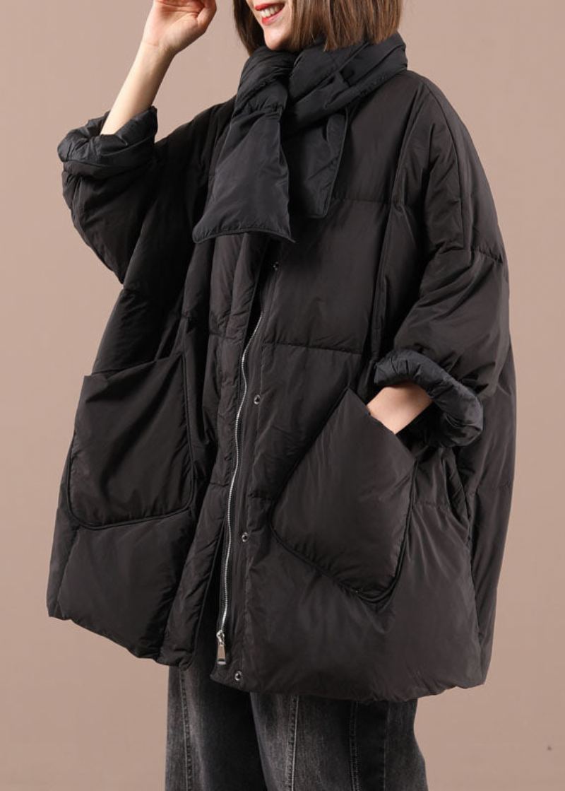 Manteau D'hiver En Duvet De Canard Noir Avec Poches Zippées Et Manches Longues