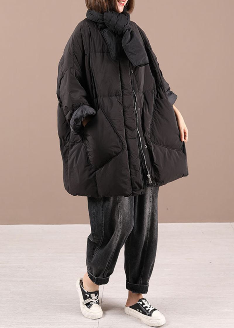 Manteau D'hiver En Duvet De Canard Noir Avec Poches Zippées Et Manches Longues - Doudounes femmes