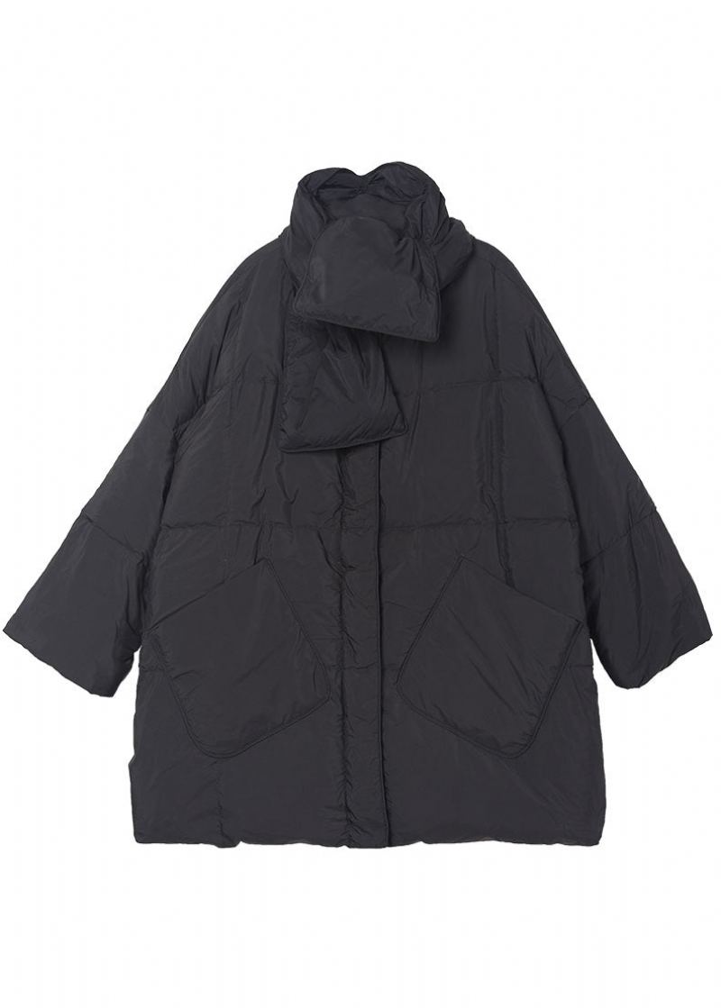 Manteau D'hiver En Duvet De Canard Noir Avec Poches Zippées Et Manches Longues - Doudounes femmes