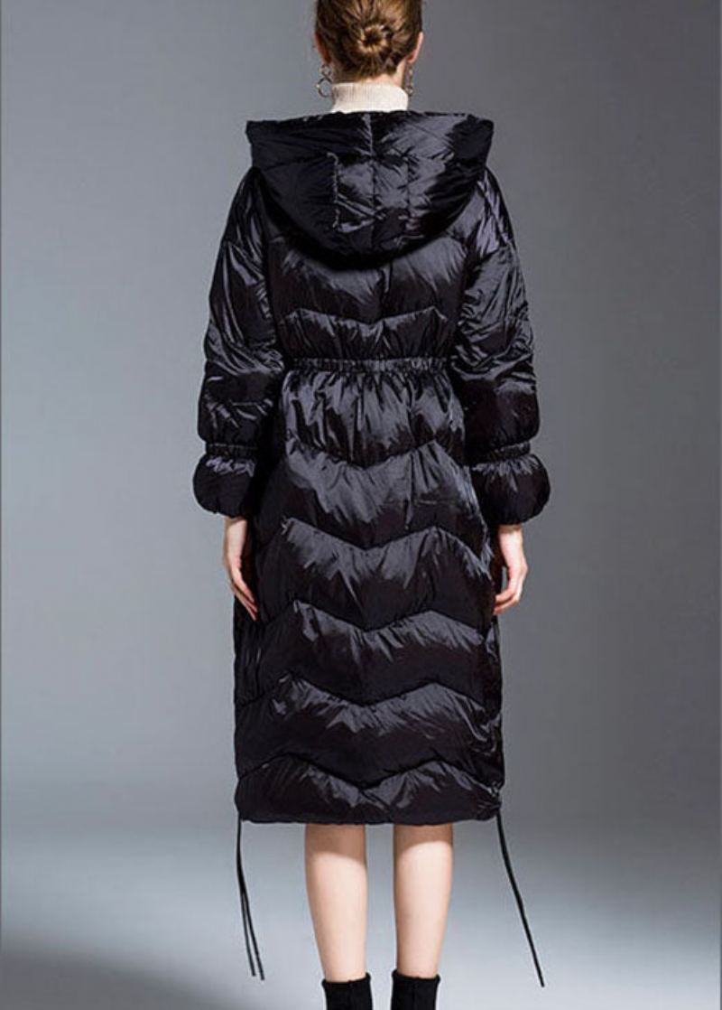 Manteau D'hiver En Duvet De Canard Noir À Capuche Avec Cordon De Serrage Coupe Slim Tendance - Noir