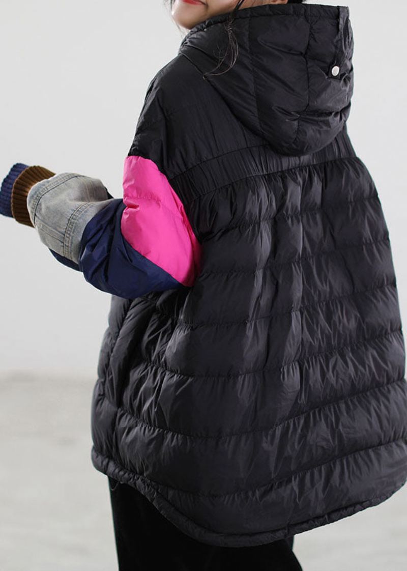 Manteau D'hiver En Duvet De Canard Noir À Capuche Et Patchwork - Doudounes femmes