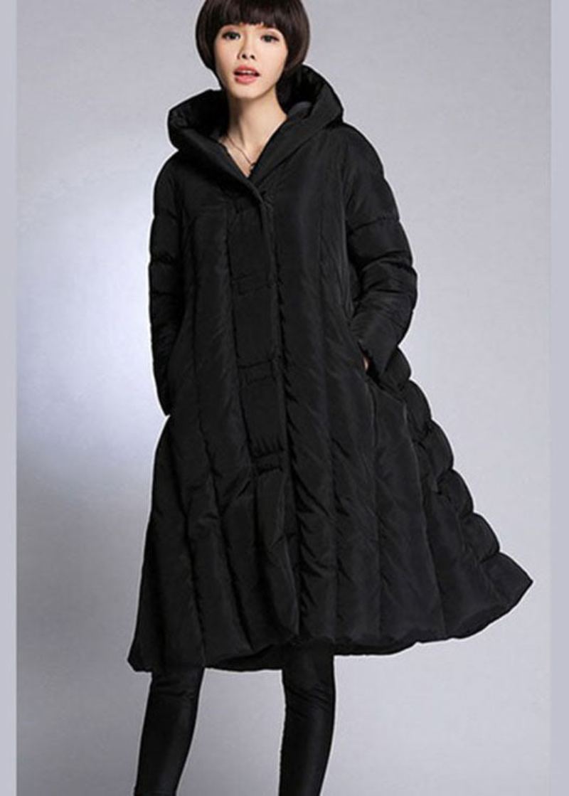 Manteau D'hiver En Duvet De Canard Noir À Capuche Et Poches Tendance - Doudounes femmes