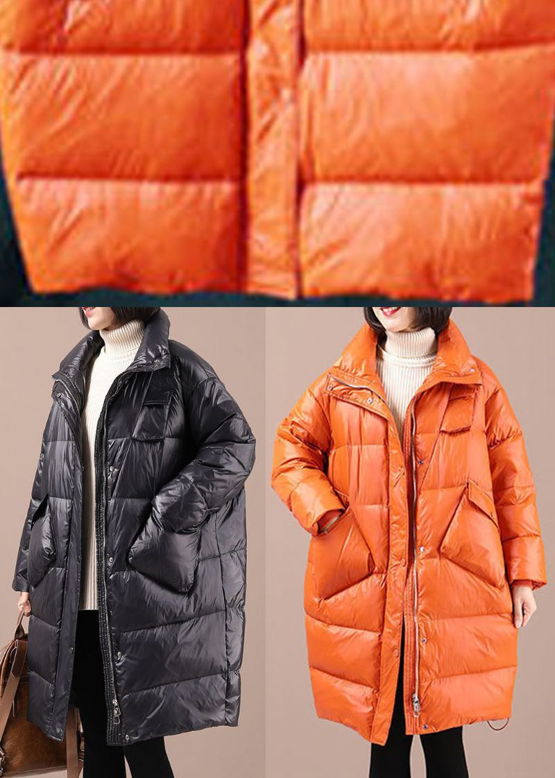 Manteau D'hiver En Duvet De Canard Noir À La Mode Avec Fermeture Éclair Et Boutons - Orange