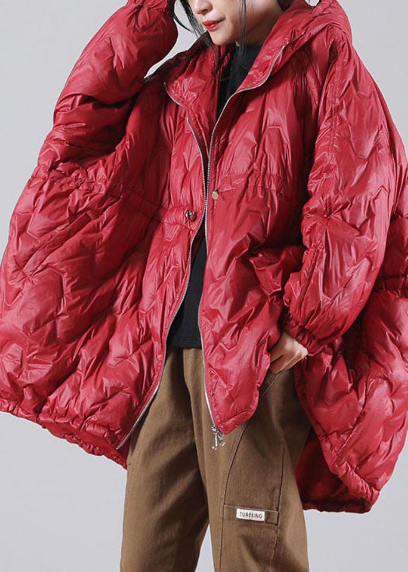 Manteau D'hiver En Duvet De Canard Rouge À Capuche Avec Cordon De Serrage