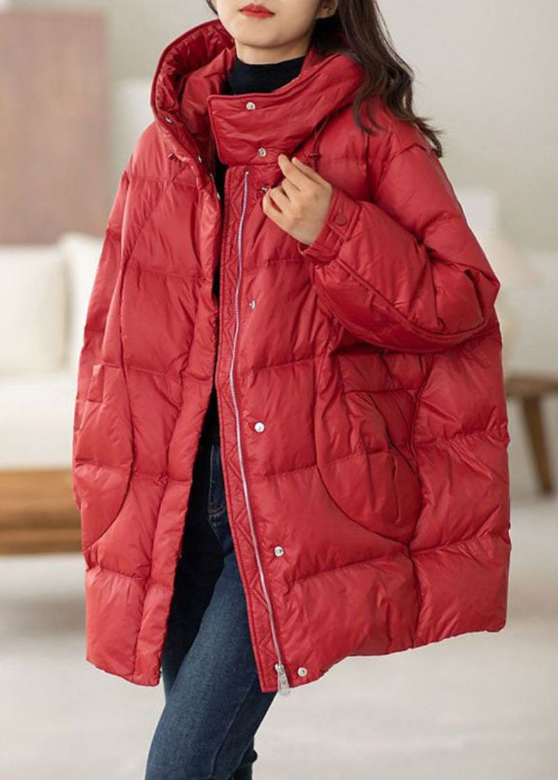 Manteau D'hiver En Duvet De Canard Surdimensionné À Capuche Rouge Chic Avec Cordon De Serrage