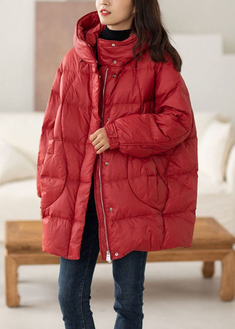 Manteau D'hiver En Duvet De Canard Surdimensionné À Capuche Rouge Chic Avec Cordon De Serrage - Doudounes femmes