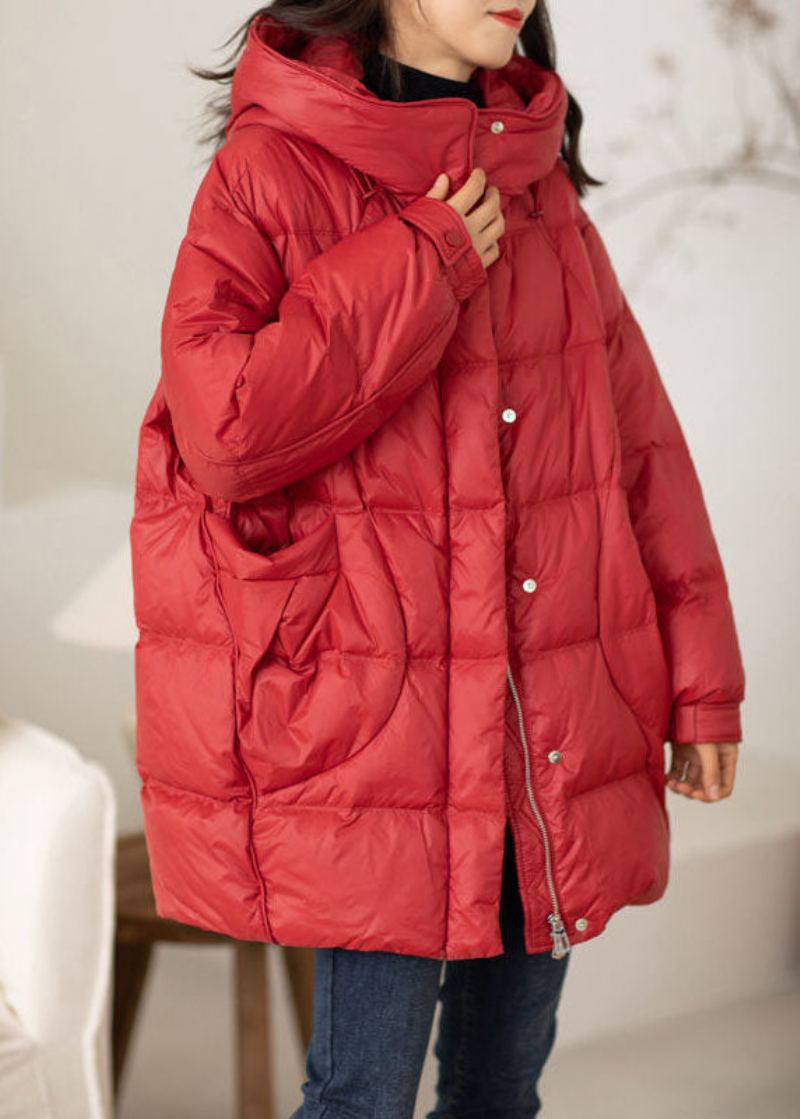 Manteau D'hiver En Duvet De Canard Surdimensionné À Capuche Rouge Chic Avec Cordon De Serrage - Doudounes femmes