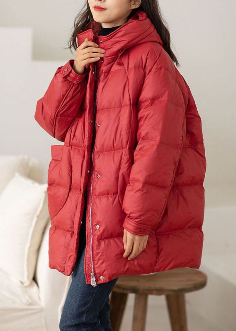 Manteau D'hiver En Duvet De Canard Surdimensionné À Capuche Rouge Chic Avec Cordon De Serrage - Doudounes femmes