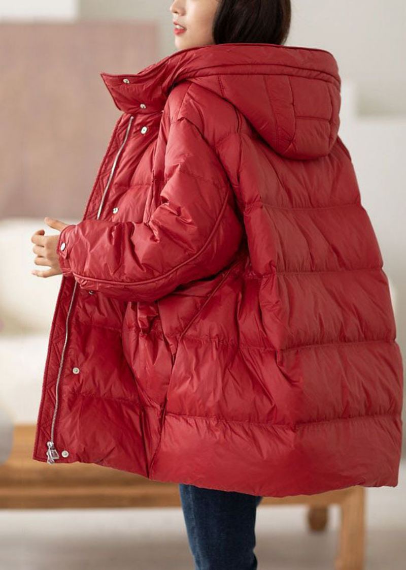 Manteau D'hiver En Duvet De Canard Surdimensionné À Capuche Rouge Chic Avec Cordon De Serrage - Doudounes femmes