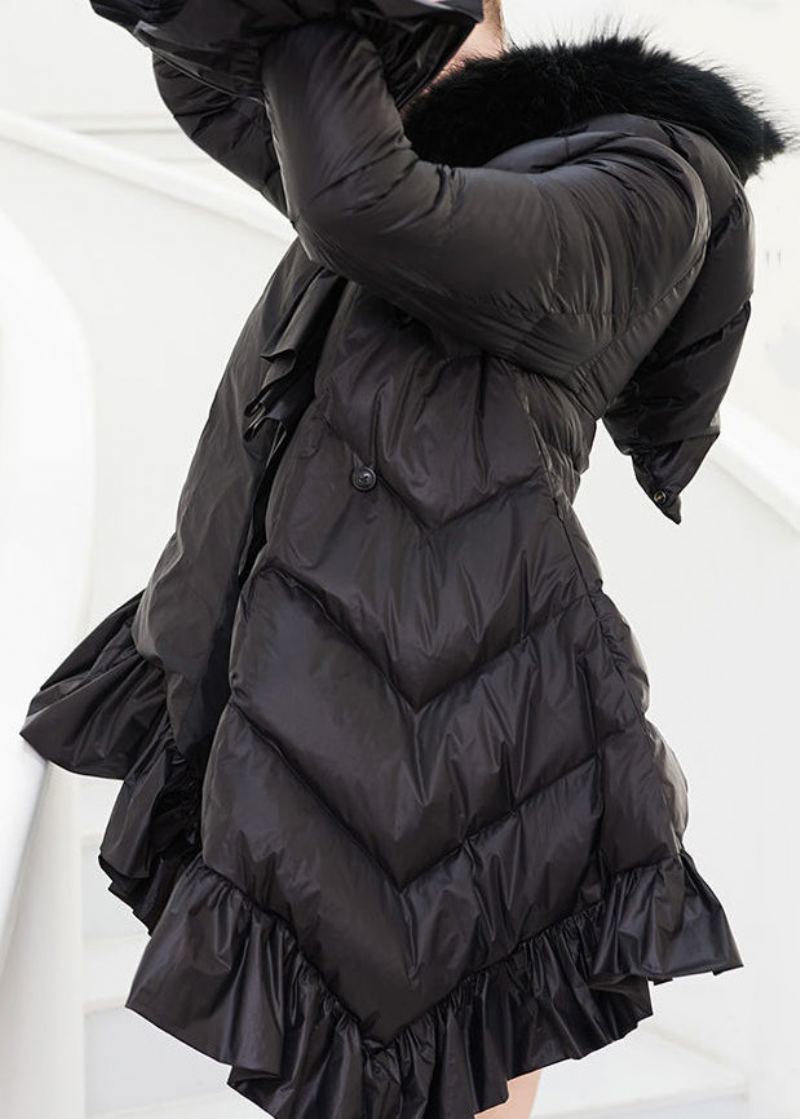 Manteau D'hiver En Duvet De Canard À Volants Avec Col En Poils De Raton Laveur Noir Unique - Doudounes femmes