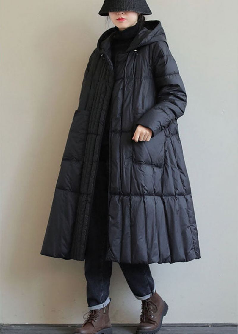 Manteau D'hiver En Duvet Noir Avec Poches Amples Mode Boho - Noir