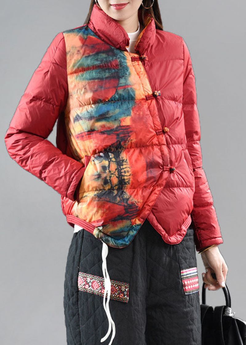 Manteau D'hiver En Duvet Rouge Élégant Avec Poches À Col Montant Et Imprimé Asymétrique