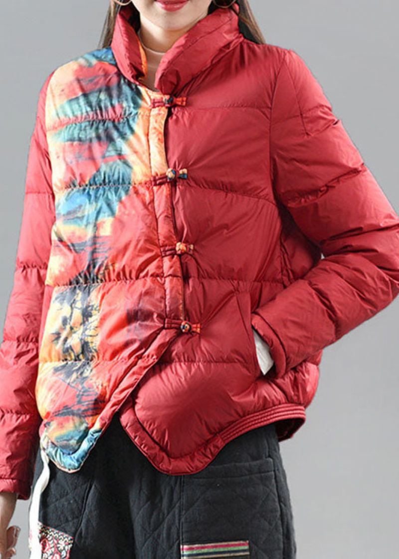 Manteau D'hiver En Duvet Rouge Élégant Avec Poches À Col Montant Et Imprimé Asymétrique - Blanc