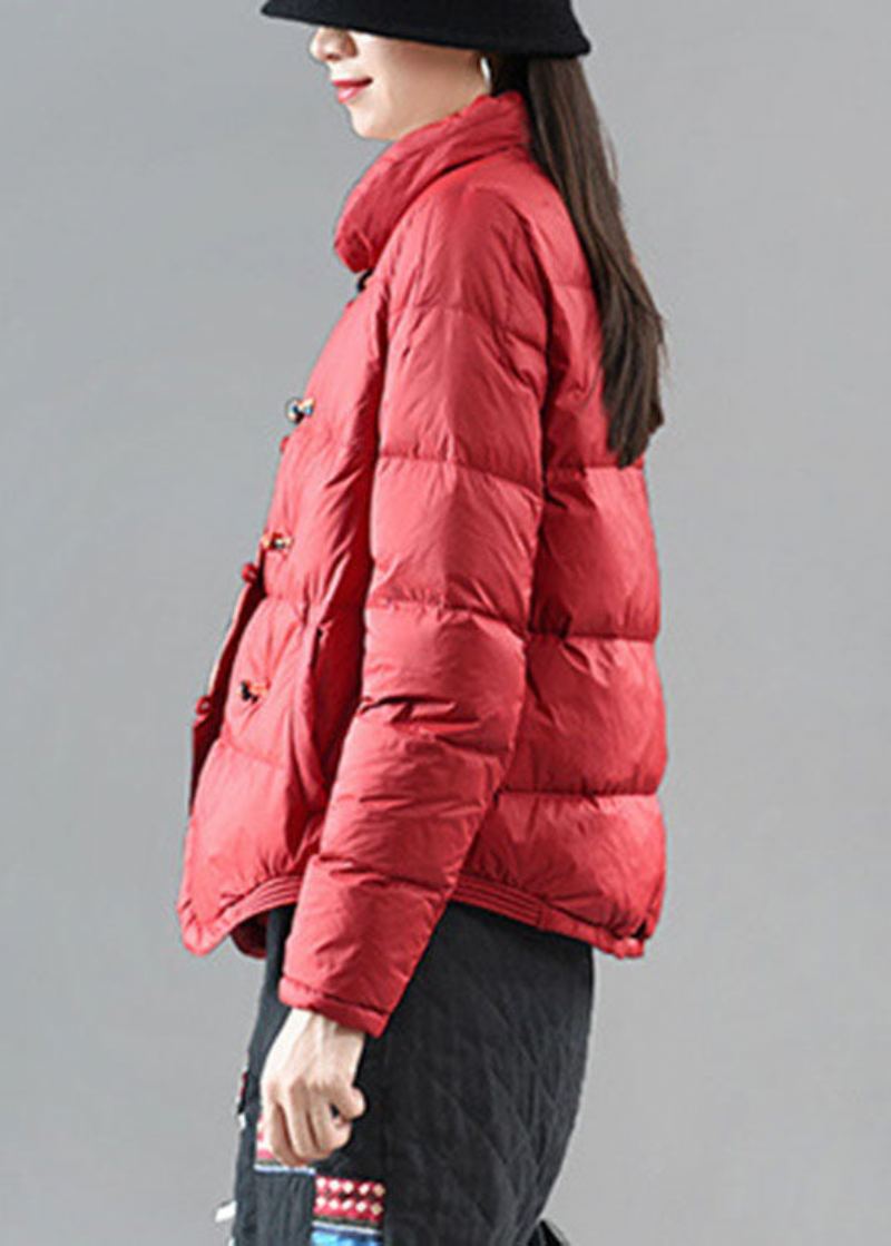 Manteau D'hiver En Duvet Rouge Élégant Avec Poches À Col Montant Et Imprimé Asymétrique - Blanc