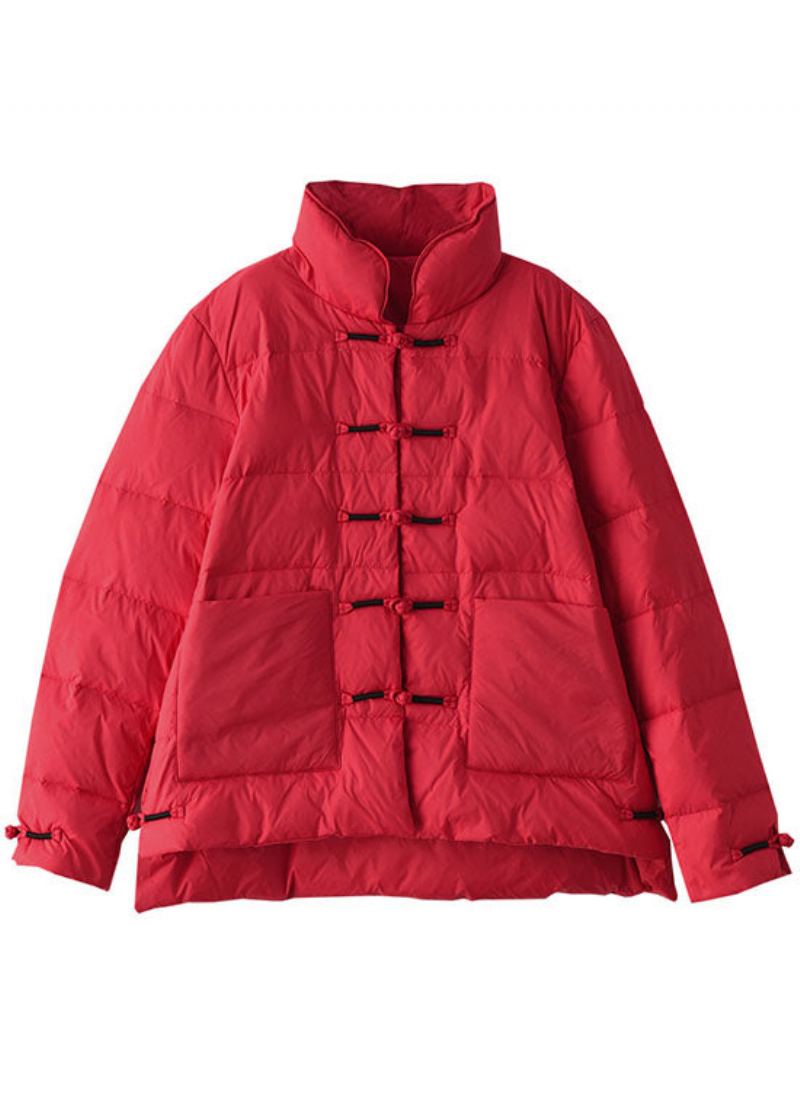 Manteau D'hiver En Duvet Rouge Vintage Col Montant Poches Boutonnées Design Bas Et Haut - Rouge