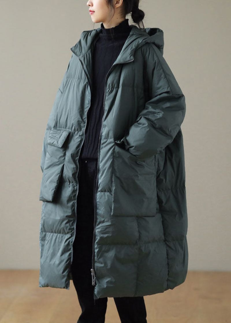 Manteau D'hiver En Duvet Vert À Capuche Et Poches Zippées Grande Taille Manches Longues