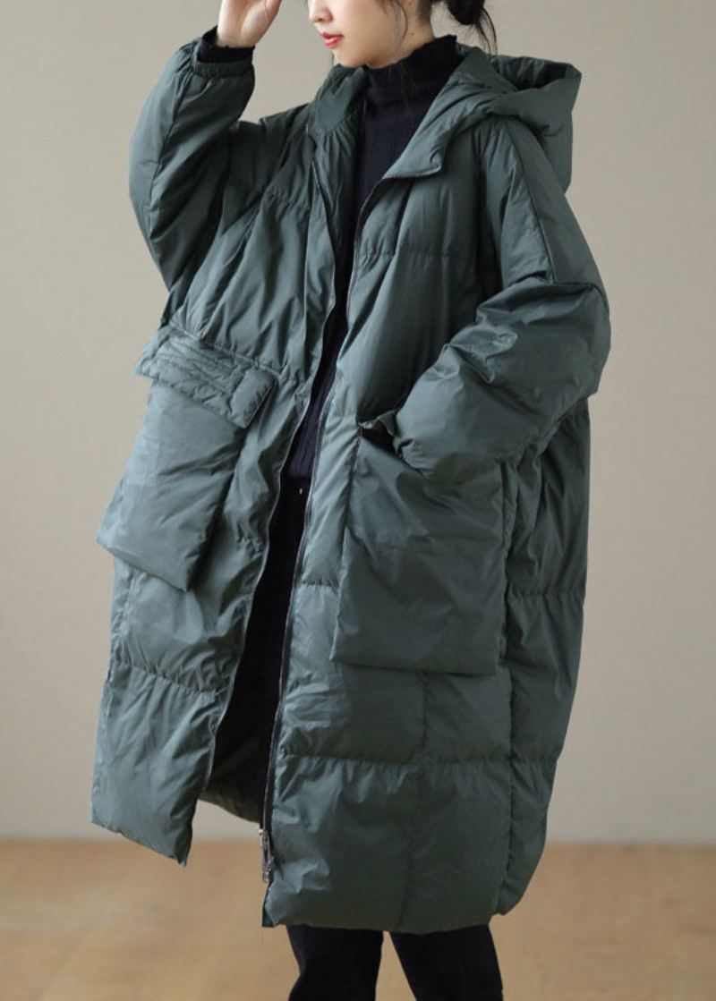 Manteau D'hiver En Duvet Vert À Capuche Et Poches Zippées Grande Taille Manches Longues - Doudounes femmes